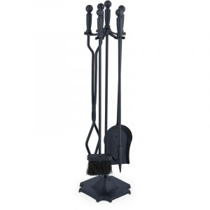 Relaxdays Ustensile de cheminée 5 pièces, tisonnier, Pelle à Cendres, Balai, Pince et Support, serviteur de cheminée, Noir