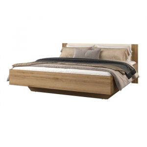 Lit coffre VERTIGO &ndash; 160x200 cm &ndash; Ch&ecirc;ne sauvage et beige sable &ndash; Avec pied design et sommier inclus