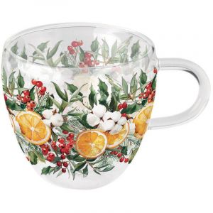 Ambiente Tasse &agrave; th&eacute; en verre double paroi Agrumes et feuillage de No&euml;l