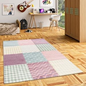Pergamon - Maui Kids - Tapis pour enfant - carreaux et &eacute;toiles couleurs pastel rose - 160x230 cm