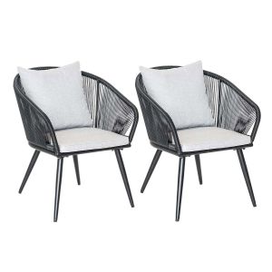 Jardiline Lot de 2 Fauteuil de jardin en r&eacute;sine tress&eacute;e structure en alu noir + coussin gris Comores