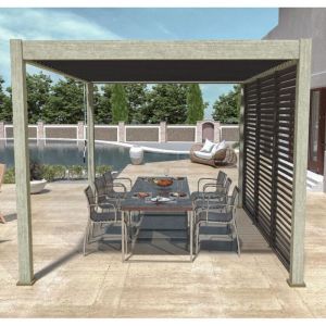 Pergola bioclimatique Ombr&eacute;a 3x4M autoport&eacute;e Woodlook/Anthracite + 1 panneau brise vue 1M Anthracite VS