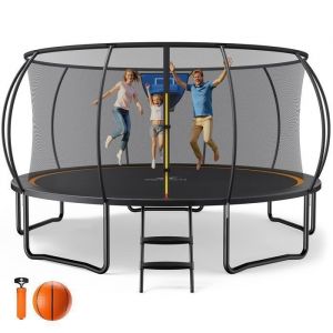 Merach - Trampoline Extérieur ø 488 cm, Cadre Galvanisé, Sécurité Renforcée avec Filet, Ballon, Panier de Basket, Jusqu'à 150 kg