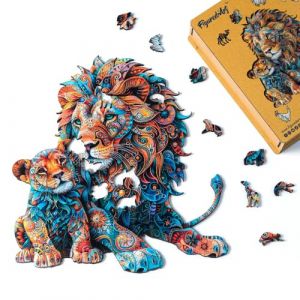 FiguredArt Puzzle en Bois Adulte et Enfant 200 pi&egrave;ces Animaux - Lion et Lionceau - Design Original 269x288 cm Forme Unique