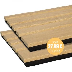 Lot de 2 Panneaux tasseaux bois MDF acoustique design BLEND décor chêne naturel sur fond feutrine noire 2600 x 300 x 17 mm - 1,56 M2 PEFC 70%