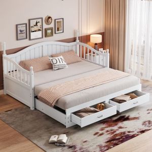 MODFU - Canap&eacute;-lit 90&times;200cm, lit enfant, 2 tiroirs, avec prise, sans matelas, pin, blanc