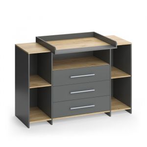 Commode à langer Oskar, Anthracite/chêne doré, 143.2x93cm avec 3 tiroirs, Vicco