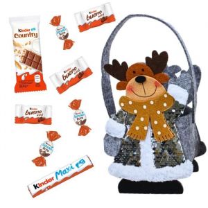 Panier gris Renne de Noël garni d'un assortiment de 40 chocolats 4 variétés Kinder : Schokobons,Mini Bueno,Maxi, Country