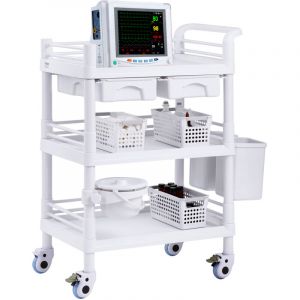 VEVOR Chariot de Laboratoire à 3 Niveaux Mobile avec 3 Plateaux et 4 Roues Silencieuses, Chariot de Soins en PP, 3 Poubelles, pour Labo, Clinique, Hôpital, Salon, Blanc