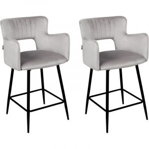 Beliani Lot de 2 Chaises de Bar Moderne Rétro en Velours Pieds en Métal avec Accoudoirs Gris Sanilac
