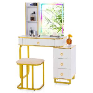 Coast dressing table set with mirror 80&times;40&times;137 cm - White - LED with 7 Dynamic & 7 Static Modes - Wireless Charging Station & USB/Type-C - Includes Stool