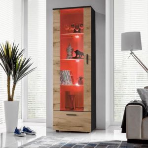 Vitrine Armoire Alessandria, Noir/Wotan, Largeur 60 cm x Hauteur 192 cm x Profondeur 42 cm, led rgb, 2 étagères, pour Salon, Chambre, Entrée - Komodee