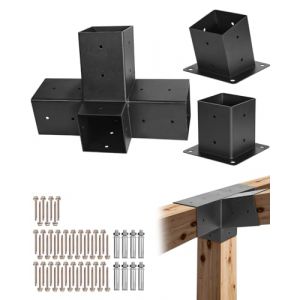 VEVOR Kit Support de Pergola, Lot de 3, Support de Poteau Bois 92x92 mm, Supports d'Angle 4 Voies, avec Base de Poteau, Base Murale, pour Poutres Bois Standard Toit Inclin&eacute;, Banquet F&ecirc;te en Plein Air