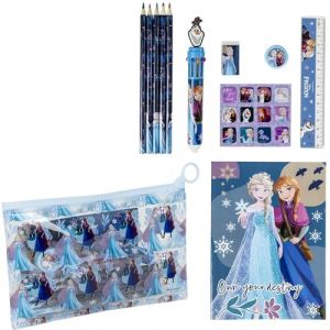 Set de papeterie inspir&eacute; de Frozen - Bleu - 22 X 14 X 0,5 cm - Comprend des crayons de couleur, un stylo multicolore, une r&egrave;gle, une trousse et bien d'autres choses - Produit original con&ccedil;u en Espagne