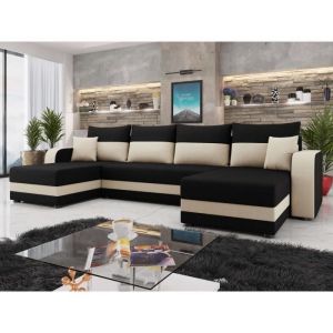 Bestmobilier - Harvey - canapé panoramique en u - 7 places - convertible avec coffre - en tissu - noir / beige - Noir / Beige