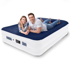 Matelas gonflable – LifeGoods – 2 personnes – pompe intégrée – sac de transport et kit de réparation inclus – blanc/bleu