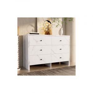 Wishdor - Commode 120 cm avec 6 tiroirs et poignées en bois noir, aspect marbre, anti-basculement, blanc