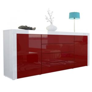 Vladon - Buffet Commode Dressoir Crédence La Paz V1 Blanc, haute brillance, tons naturels - Bordeaux haute brillance / Blanc haute brillance