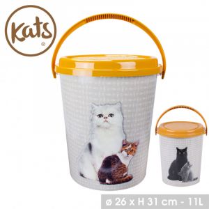 Urban living Seau à croquettes hermétique décor chats - Gris et jaune - Plastique - D 26 x H 31 cm - 11L