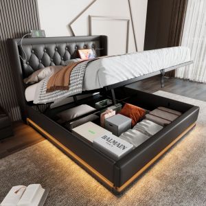 Lit coffre capitonné double 160 x 200 cm avec fonction de chargement usb Type-C et led, en pu, noir, sans matelas