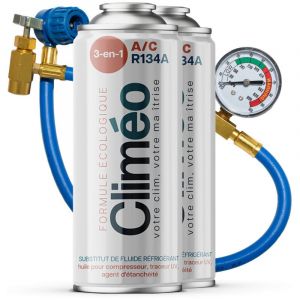 Climeo 3en1 2x400ml + flexible avec manom&egrave;tre - R&eacute;frig&eacute;rant &eacute;cologique + JOINT R134a/R12 Service de climatisation ind&eacute;pendant