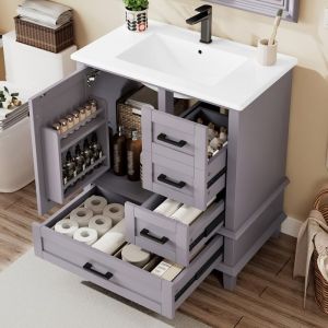 Meuble de salle de bain sur pied avec une vasque en c&eacute;ramique - 1 porte et 3 tiroirs - 76x46x83.5cm - Gris(robinet non inclus)