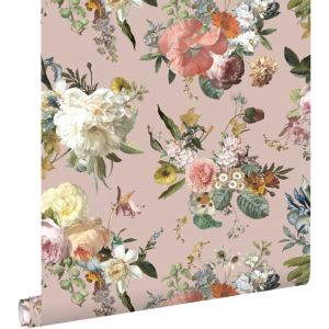 Papier peint fleurs vintage - 0,53 x 10,05 m de Estahome vieux rose
