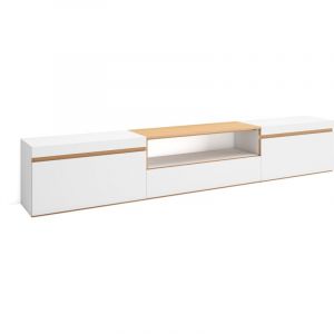 Skraut Home - Meuble TV, Banc T&eacute;l&eacute;, Grand espace de Rangement, 260x35x45cm, TV grand format, Meubles de salon, Style moderne, Blanc et Ch&ecirc;ne Soft