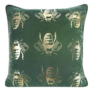Eurofirany Élégante Housse de Coussin décorative en Velours avec imprimé - 45 x 45 cm - Housse de Coussin en Velours Doux - Abeilles dorées - Vert fon