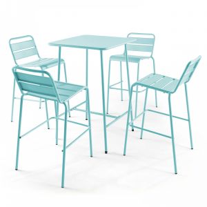 Oviala Ensemble table de bar et 4 chaises hautes en métal turquoise 70 x 70 x 105 cm