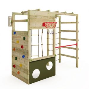 Fatmoose Portique d'escalade CleverClimber avec bac &agrave; sable & Leiter, extr&ecirc;mement r&eacute;sistant aux intemp&eacute;ries, panier de basket, but &ndash; vert olive