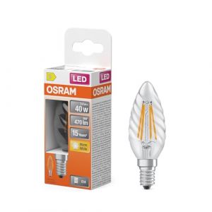 Osram Lampe LED forme bougie étoile BW40 filament, 2700 K blanc chaud, 3,4 W, E14, transparente, 470 lm, 15 000 h, pour lustres, forme bougie torsadée