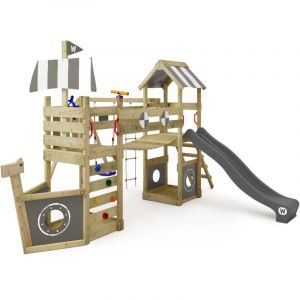 Wickey Tour de jeux en bois StormFlyer avec balançoire et toboggan, cabane avec bac à sable, échelle de corde et accessoires de jeu – anthracite