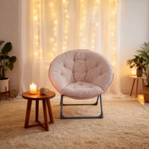 Fauteuil lune pliable rembourr&eacute; en laine de mouton, structure m&eacute;tal, portable, charge 110 kg - rose