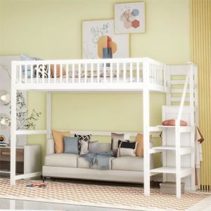 Lit mezzanine 140x200cm - lit enfant avec escalier avec armoir, sommier à lattes, antichute - blanc
