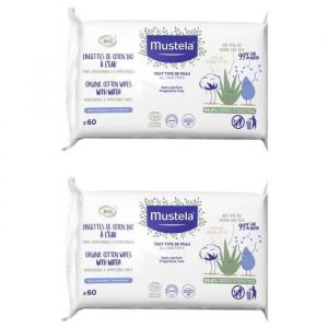 77500 Mustela Lingettes De Coton Bio &Agrave; L'eau Lot De 2 X 60 Lingettes