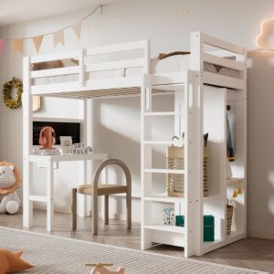 Lit mezzanine avec bureau, lit mezzanine enfant 90x200 cm avec armoire ouverte, étagères, sommier à lattes, cadre de lit en pin, blanc