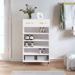 VidaXL Armoire à Chaussures, Étagère à Chaussures avec Tiroir et Pieds, Meuble à Chaussures avec 5 Compartiments Salon, Blanc Brillant Bois Ingénierie