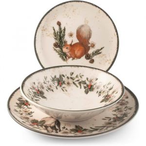 H&H Service de Table No&euml;l 18 Pi&egrave;ces Garland en Gr&egrave;s - Assiettes Plates, Creuses et &agrave; Dessert - Motifs Animaux et Guirlandes &Eacute;l&eacute;gants, Id&eacute;al pour No&euml;l et F&ecirc;tes de Fin d'Ann&eacute;e