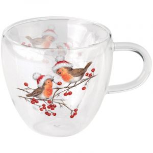 Tasse À Thé En Verre Double Paroi Rouges-Gorges De Noël