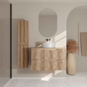 Aurlane Meuble et colonne de salle de bains leon 80cm d&eacute;cor bois - fa&ccedil;ade ondul&eacute;e - vasque ronde 36cm