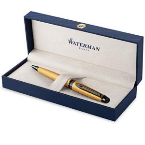 Waterman Edition Spécial Expert Stylo bille, Laque Dorée Métallisée, Attributs Ruthénium, recharge encre bleue pointe moyenne, écrin