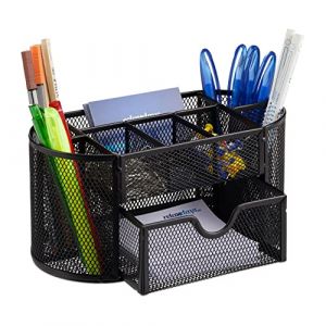 Relaxdays Organiseur de bureau porte-stylos porte-cartes de visite porte bloc-notes tiroir maille métal HxlxP: 10,5 x 22 x 11 cm, noir