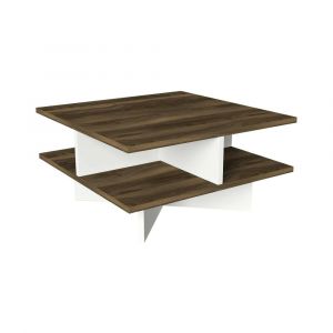 Table basse Sovrani, Table basse, Porte-revues pour canapé, Etagère de salon, 60x60h31 cm, Noyer et Blanc