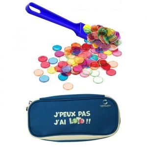 Kit Accessoires Loto Bingo 3 En 1 - Trousse + Baton Ramasse Jetons Magnetique Bleu + 100 Pions Aimantes - Set Materiel Jeu + Carte