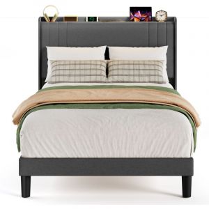 Lit Simple Capitonné 120 x 200 cm avec Prise et Tête de Lit LED Réglable Rangement Bealife Sommier à Lattes Tissu en Lin Lit Enfant Adolescent Gris