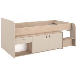 Lit mi-hauteur 90 x 190/200 cm avec rangements &ndash; Beige et naturel - LUNOBI