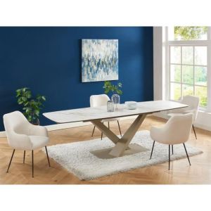 Table à manger extensible 6 à 10 couverts en verre trempé, céramique et métal - Effet marbre blanc et beige - MALATA de Pascal MORABITO