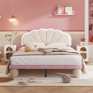 Image de Lit double d'enfant 140x200cm avec bandes lumineuses LED, lit plat velours avec sommier à lattes et tête de lit ondulée, beige+rose