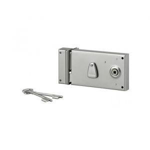 THIRARD Serrure horizontale en applique à clé à fouillot pour portail, gauche, axe 58mm, 140x80mm, saillie 5mm, zingué, 2 clés